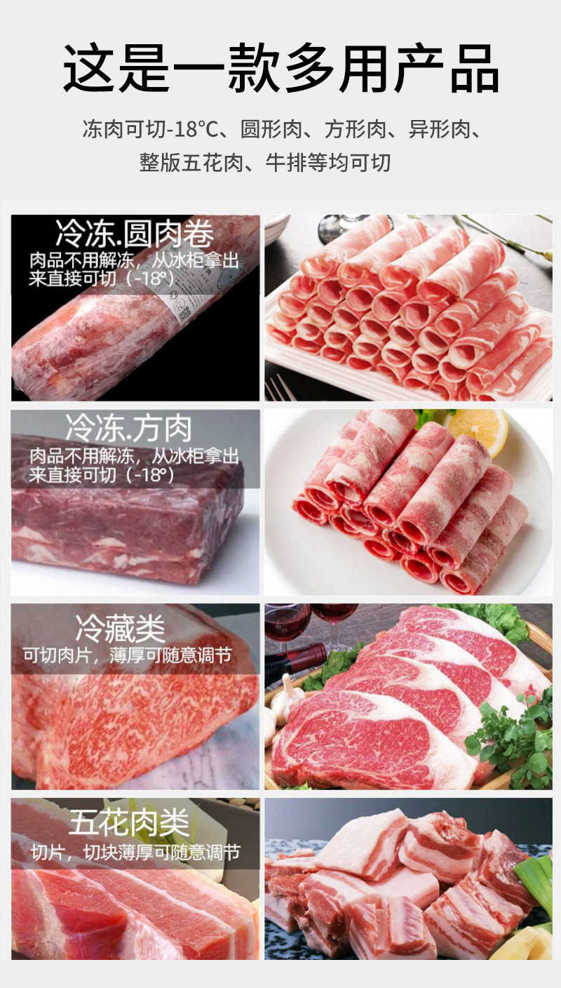 機(jī)器可以直接切零下18度凍肉、圓形肉、方形肉、五花肉、牛排等。